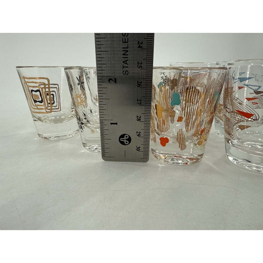 Vintage Mid Century Modern Shot Glass Set 8pc Atomic Snowflake Geometric Gold - Picture 6 of 6